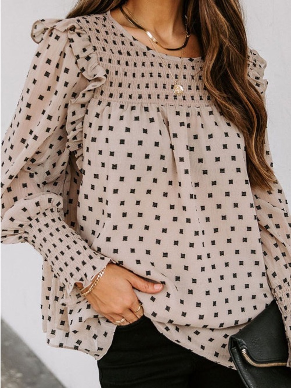 ❤️ DO+BE Boho Chiffon Black and Tan Printed Ruffle Blouse